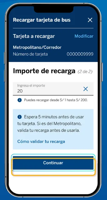 Paso 3: Ingresa el monto a recargar. Máximo hasta S/200 diarios.