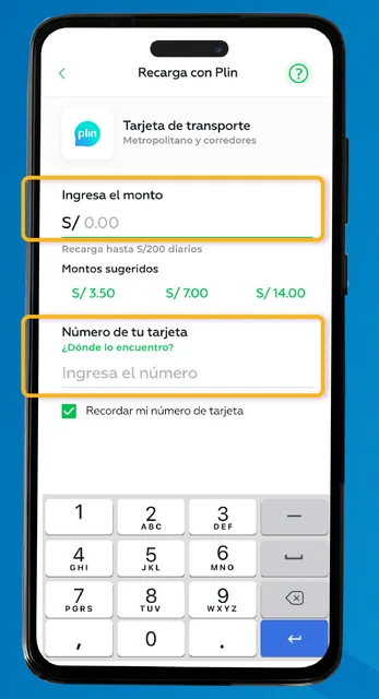 Paso 3: Ten a la mano tu tarjeta del Metropolitano y Lima Pass, digita el número de la tarjeta e ingresa el monto que desees recargar.