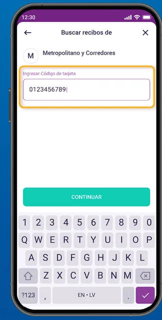 Paso 3: Digita el código de tu tarjeta del Metropolitano a recargar.
